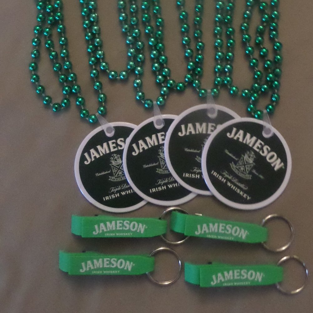Authentic 4 Jameson St. Patrick Day Beads And 4 Bottle Openers